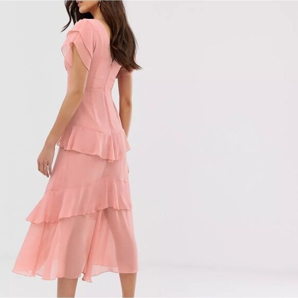Warehouse tiered maxi dress with ruffles in pink size 8 - Picture 6 of 15